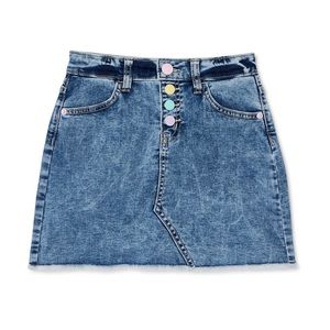 Justice Blue Distressed Rainbow Button Denim Skirt with Built in Shorts, size 14